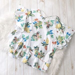 🆕 Zara Tropical Fruit and Floral Ruffle Trim Top